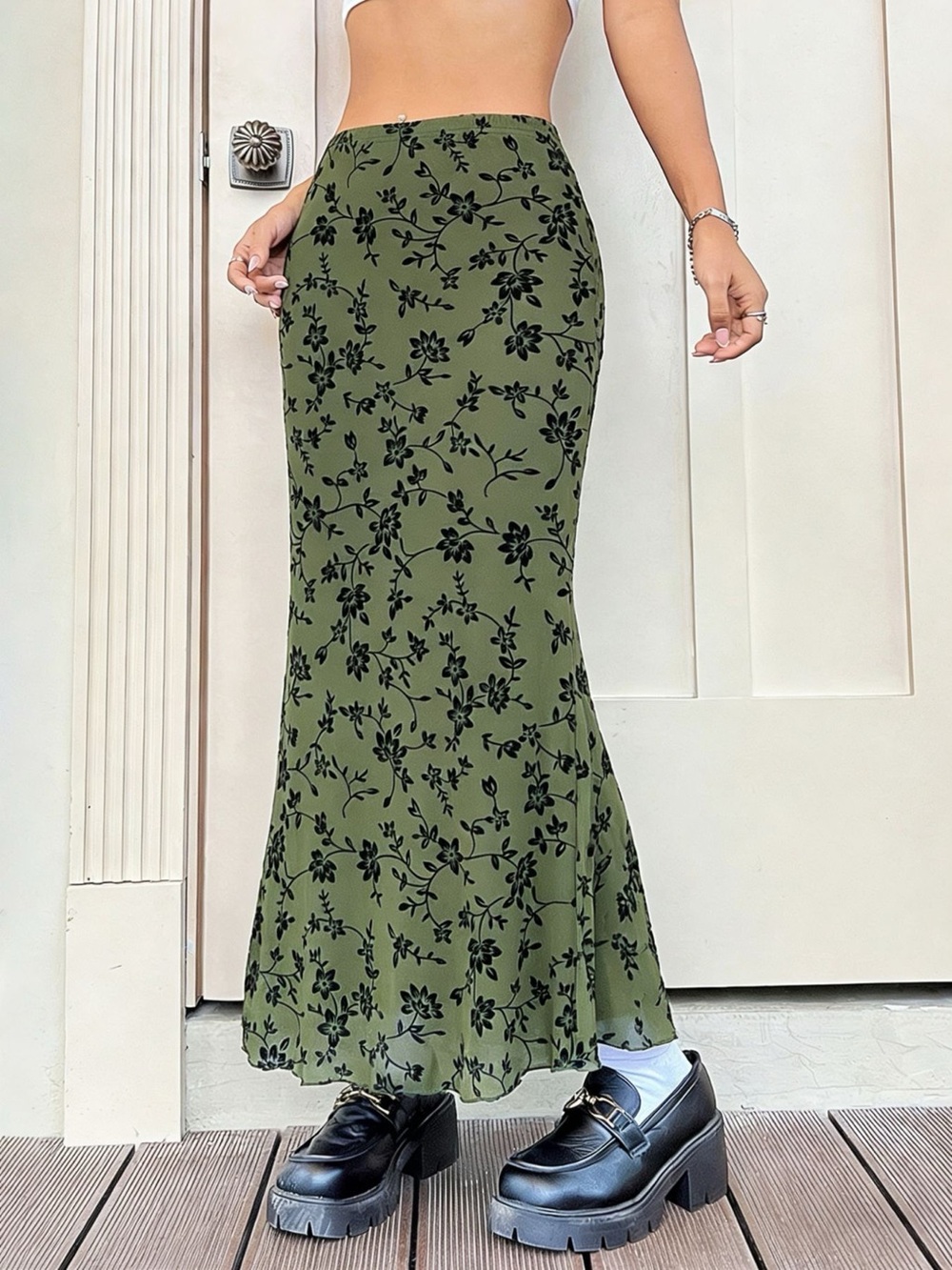 Olive Green Floral Maxi Skirt — High-Waist Feminine Fit
